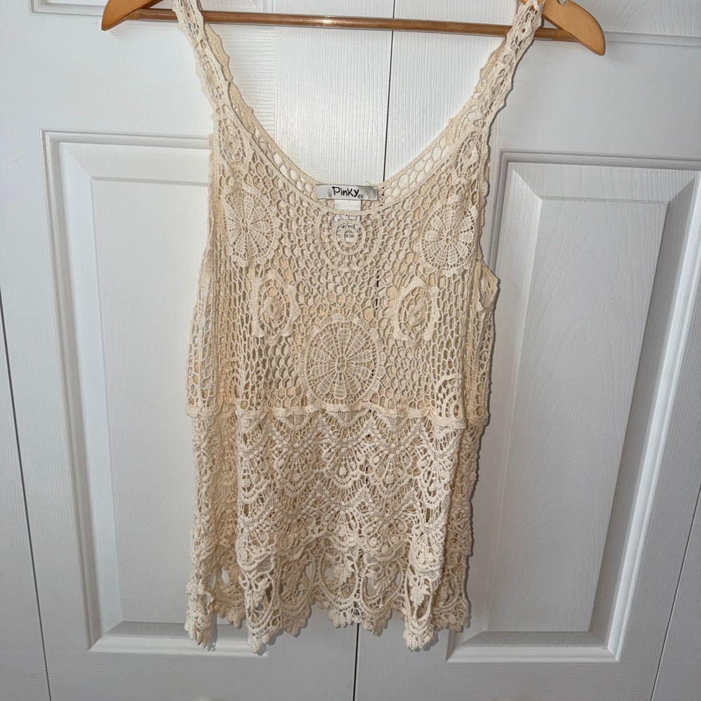 Pinky Womens Crochet Tank Top Cream Cotton Boho Floral Lace Sleeveless Large